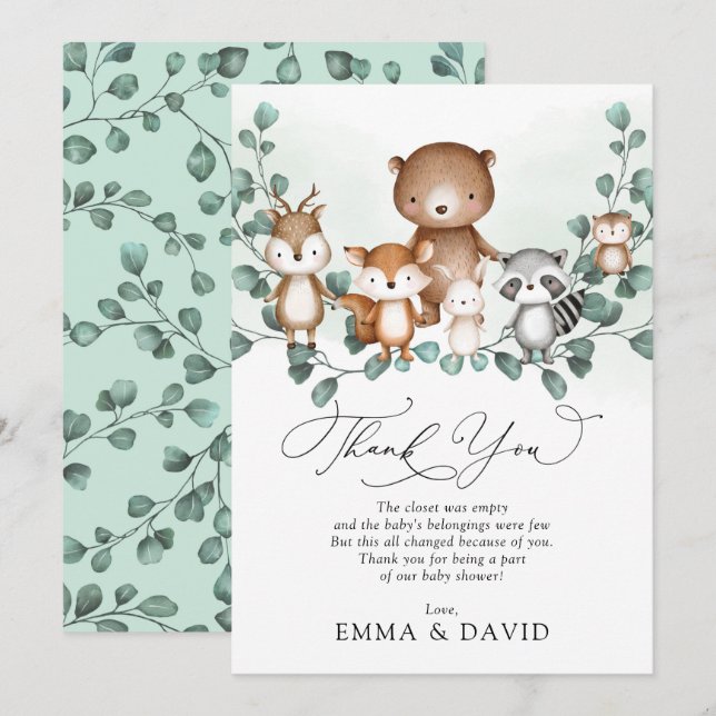 Elegant Woodland Animals Greenery Thank You Card (Front/Back)