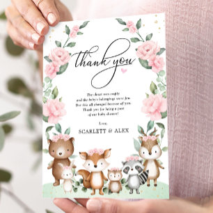 Elegant Woodland Animals Pink Blush Floral Baby Thank You Card