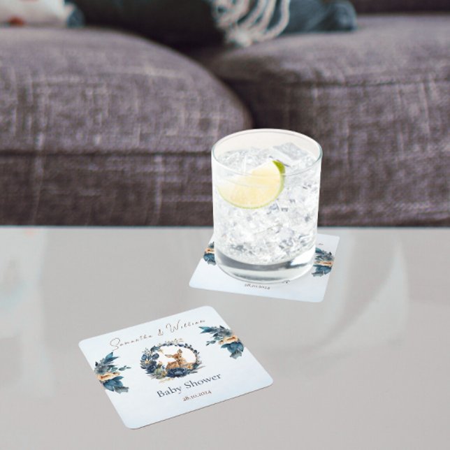 Elegant Woodland Baby Shower Deer Blue Gold Floral Square Paper Coaster (Creator Uploaded)