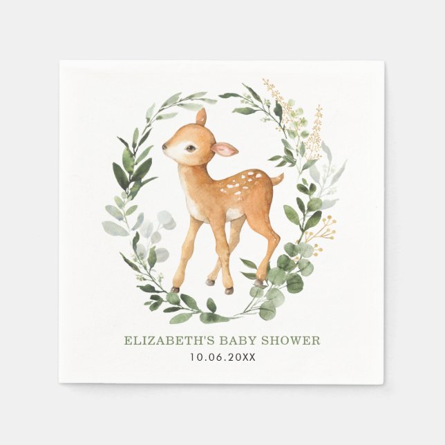 Elegant Woodland Deer Botanical Leaves Baby Shower Napkin (Front)