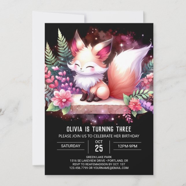 Elegant Woodland Fox Birthday digital Invitation (Front)