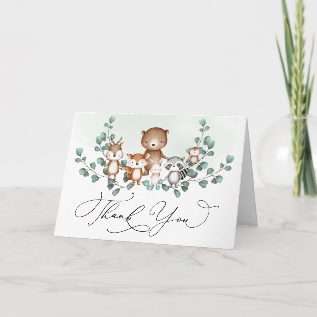 Elegant Woodland Greenery Baby Animals Thank You Card (Front)