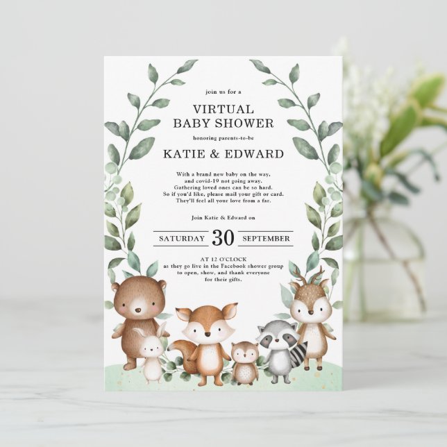 Elegant Woodland Greenery Virtual Baby Shower Invitation (Standing Front)