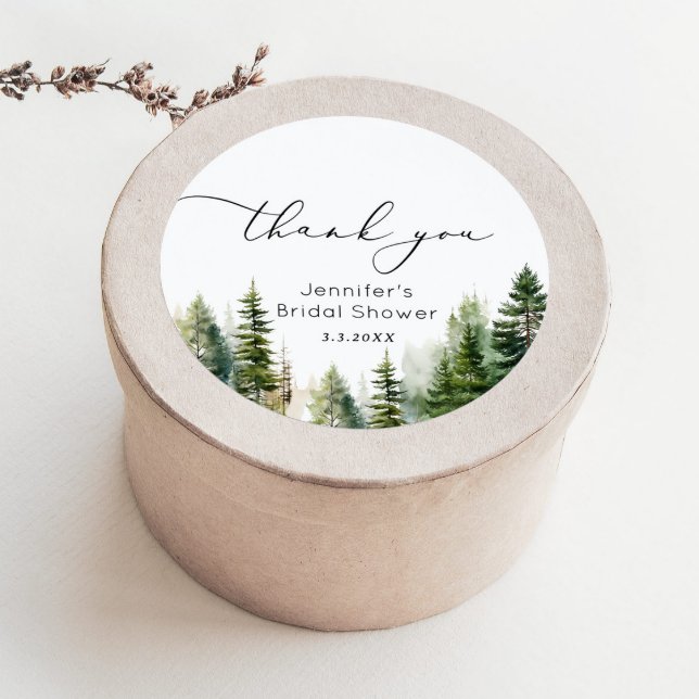 Elegant woodland pine trees bridal thank you classic round sticker (Creator Uploaded)