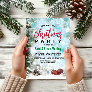 Elegant woodland snowflakes green Christmas party Invitation
