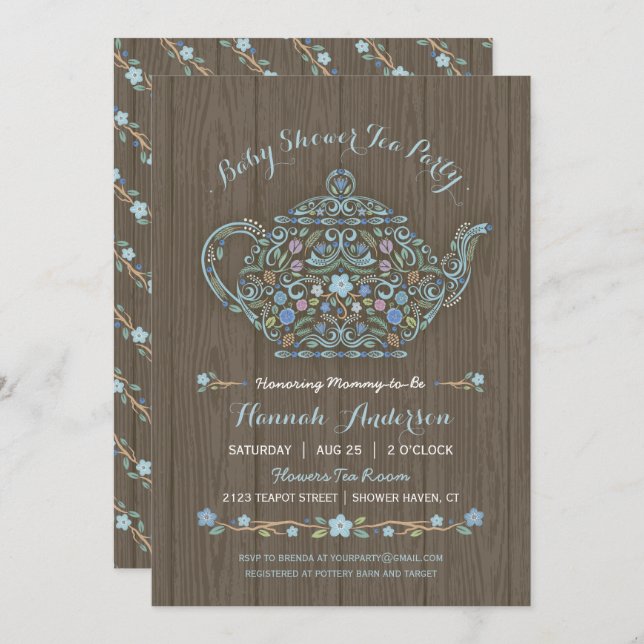 Elegant Woodland Teapot Baby Boy Shower Invite (Front/Back)