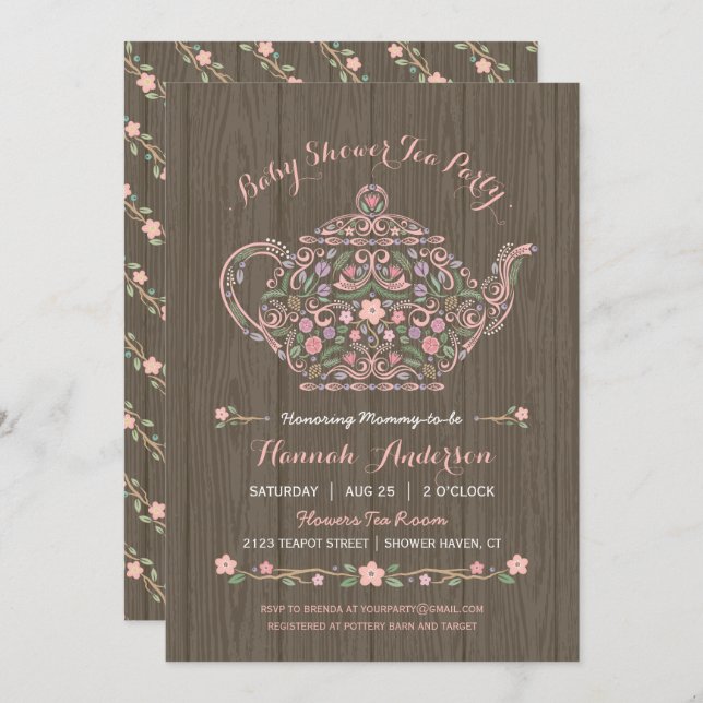 Elegant Woodland Teapot Baby Girl Shower Invite (Front/Back)