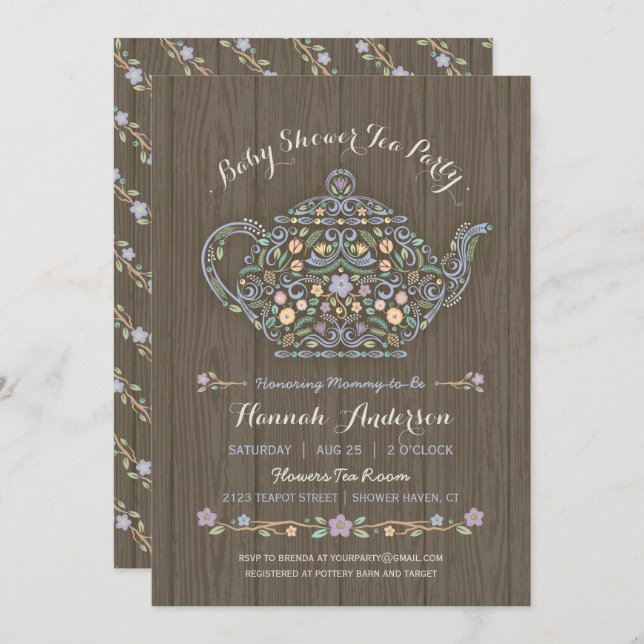 Elegant Woodland Teapot Baby Shower Invite (Front/Back)