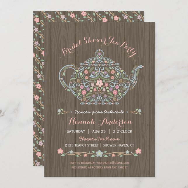 Elegant Woodland Teapot Bridal Shower Invitation (Front/Back)