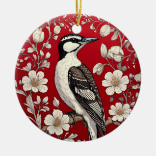 Elegant Woodpecker Floral William Morris Inspired Ceramic Ornament