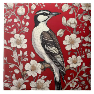 Elegant Woodpecker Floral William Morris Inspired Ceramic Tile