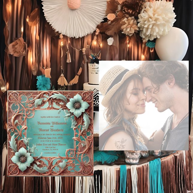 Elegant Woven Frame Copper Turquoise Wedding Invit Holiday Card (Creator Uploaded)