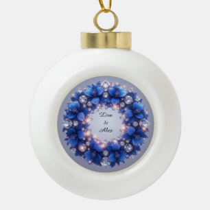 Elegant Wreath Adorned With Blue Flowers Ceramic Ball Christmas Ornament