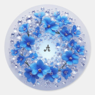 Elegant Wreath Adorned With Blue Flowers Classic Round Sticker