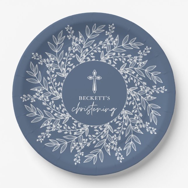 Elegant Wreath and Cross Blue Boy Christening Paper Plate (Front)