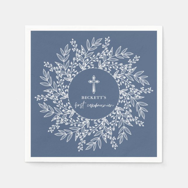 Elegant Wreath and Cross Blue Boy First Communion Napkin (Front)