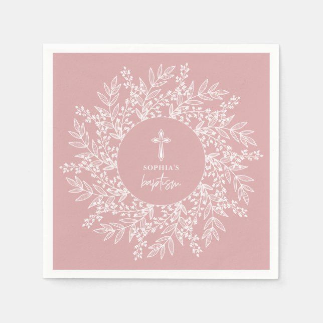 Elegant Wreath and Cross Pink Girl Baptism Napkin (Front)
