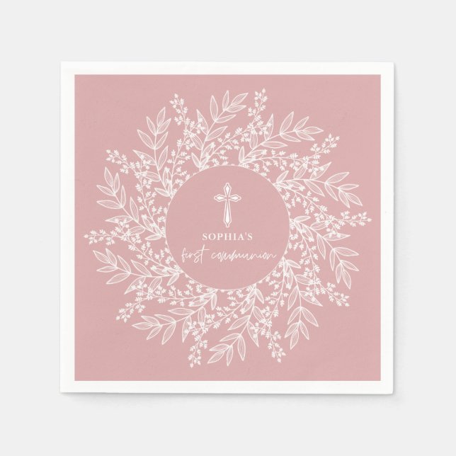 Elegant Wreath and Cross Pink Girl First Communion Napkin (Front)