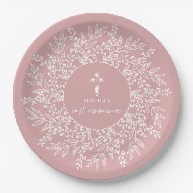 Elegant Wreath and Cross Pink Girl First Communion Paper Plate (Front)