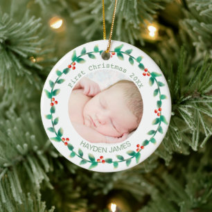 Elegant Wreath Baby's First Christmas Custom Photo Ceramic Ornament