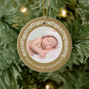 Elegant Wreath Baby's First Christmas   Photo Ceramic Ornament