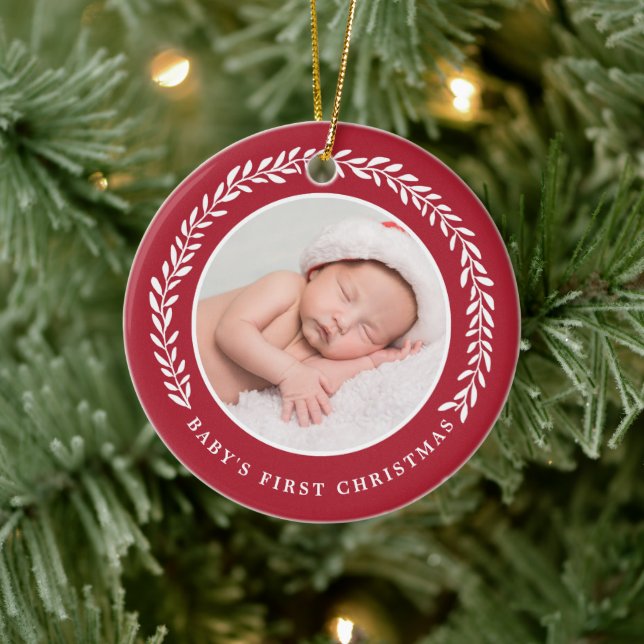 Elegant Wreath Baby's First Christmas | Photo Ceramic Tree Decoration (Tree)