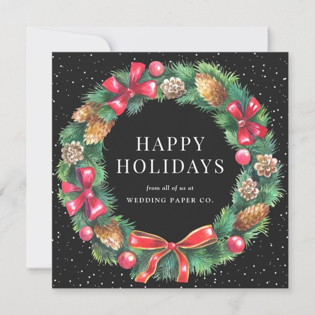 Elegant Wreath Black Business Holiday Card (Front)