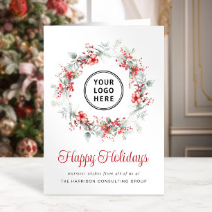 Elegant Wreath Business Logo QR Code Christmas Holiday Card