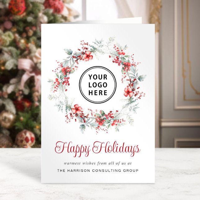 Elegant Wreath Business Logo QR Code Christmas Holiday Card (Spread the joy of the season and strengthen business relationships with our elegant holiday card)