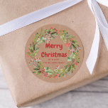 Elegant Wreath Christmas  Classic Round Sticker<br><div class="desc">Red-green berries and branches winter Christmas wreath sticker.Customizable!</div>