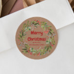 Elegant Wreath Christmas  Classic Round Sticker<br><div class="desc">Red-green berries and branches winter Christmas wreath sticker.Customizable!</div>