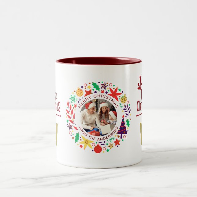 Elegant Wreath Christmas Photo Family Monogram Two-Tone Coffee Mug (Center)