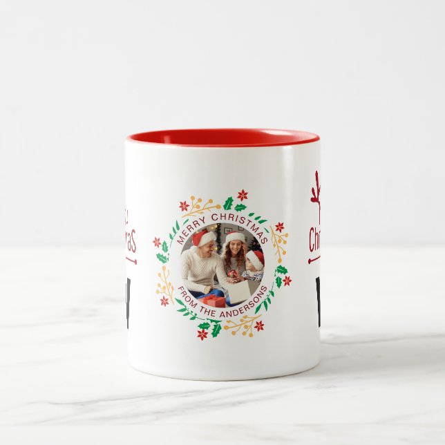 Elegant Wreath Christmas Photo Family Monogram Two-Tone Coffee Mug (Center)