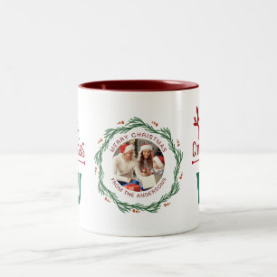 Elegant Wreath Christmas Photo Family Monogram Two-Tone Coffee Mug