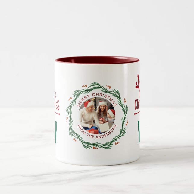 Elegant Wreath Christmas Photo Family Monogram Two-Tone Coffee Mug (Center)