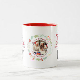 Elegant Wreath Christmas Photo Family Monogram Two-Tone Coffee Mug