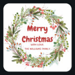 Elegant Wreath Christmas  Square Sticker<br><div class="desc">Red-green berries and branches winter Christmas wreath sticker. Customisable!</div>