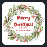 Elegant Wreath Christmas  Square Sticker<br><div class="desc">Red-green berries and branches winter Christmas wreath sticker. Customisable!</div>