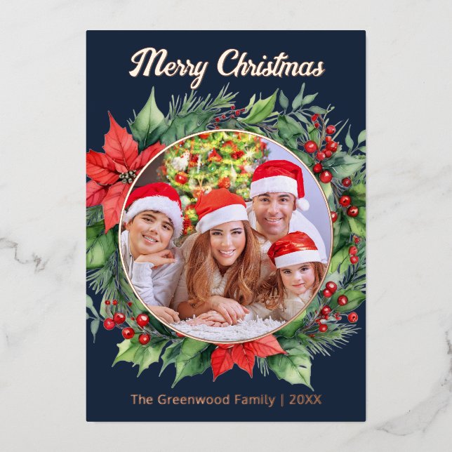 Elegant Wreath Family Photo Merry Christmas Foil Holiday Card (Front)