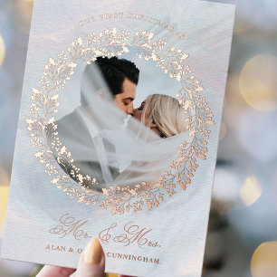 Elegant Wreath First Christmas as Mr and Mrs Photo Foil Holiday Card
