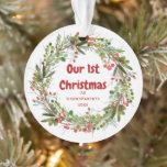 Elegant Wreath First Christmas   Ornament<br><div class="desc">Watercolor red-green berries and branches winter Christmas wreath ornament. Customisable!</div>