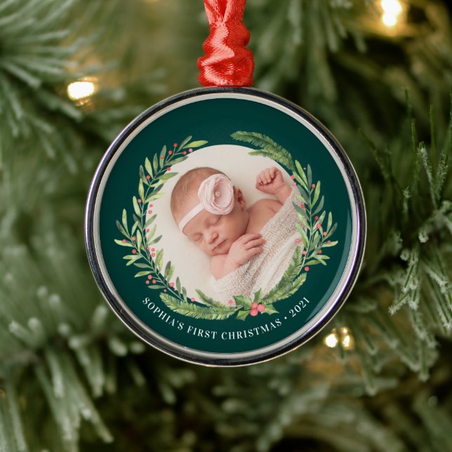 Elegant Wreath First Christmas Photo Green Metal Ornament (Tree)