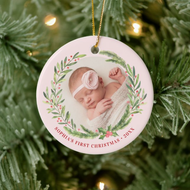 Elegant Wreath First Christmas Photo Pink Ceramic Ornament (Tree)