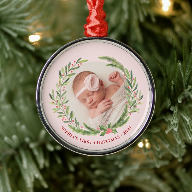 Elegant Wreath First Christmas Photo Pink Metal Ornament (Tree)
