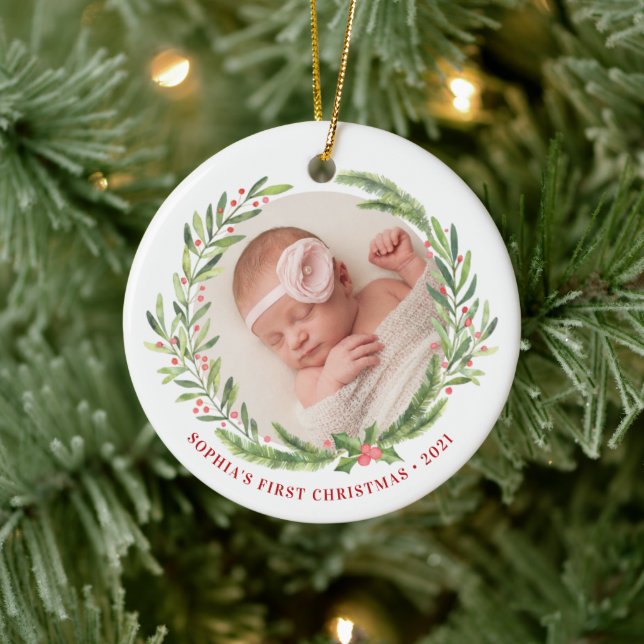 Elegant Wreath First Christmas Photo White Ceramic Ornament (Tree)