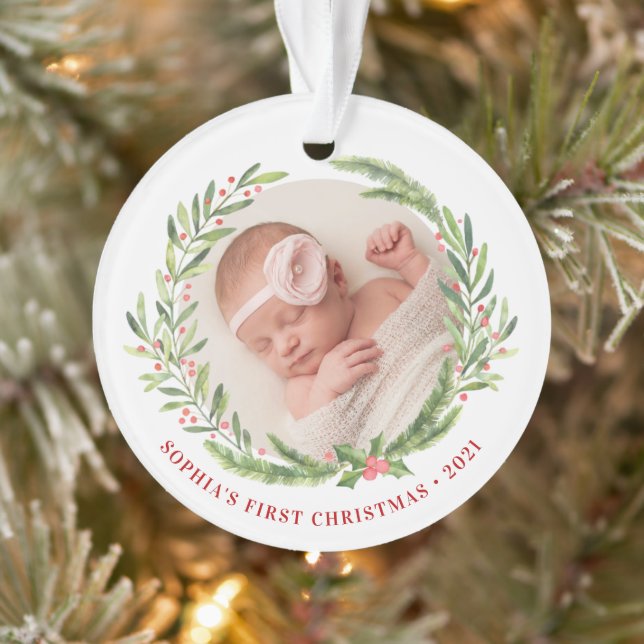 Elegant Wreath First Christmas Photo White Ornament (Tree)