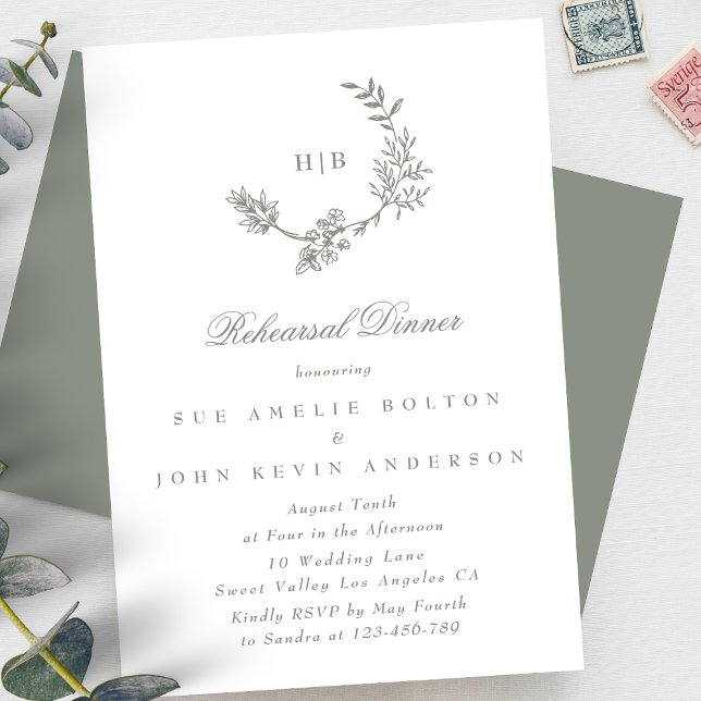 Elegant Wreath Floral Monogram Sage Green Wedding Enclosure Card (Creator Uploaded)