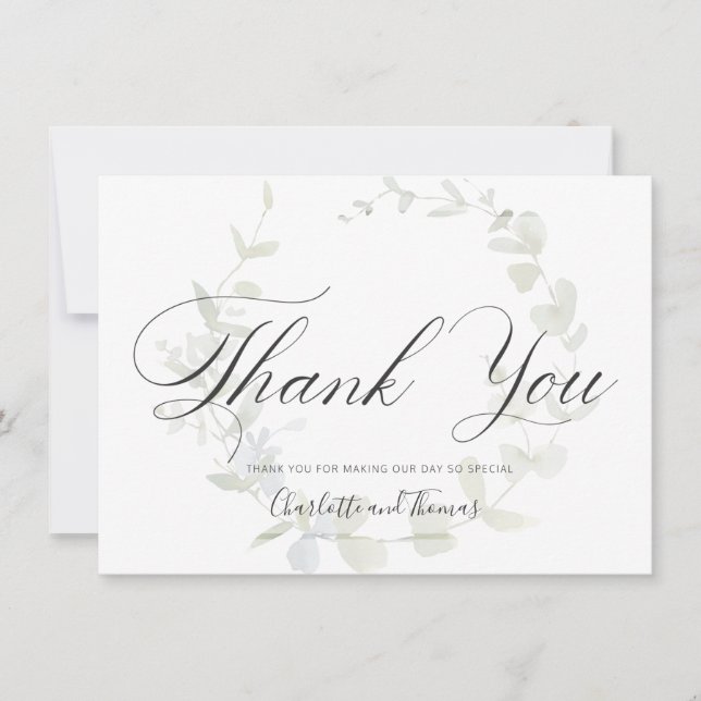 Elegant Wreath Greenery Wedding Thank You Card (Front)