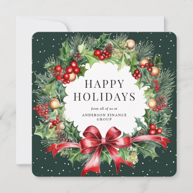 Elegant Wreath Holly Berries Pine Cones Business Holiday Card (Front)
