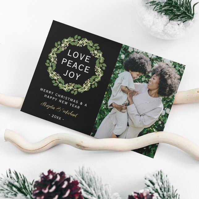 Elegant Wreath Love Peace Joy Photo Foil Holiday Card (Creator Uploaded)